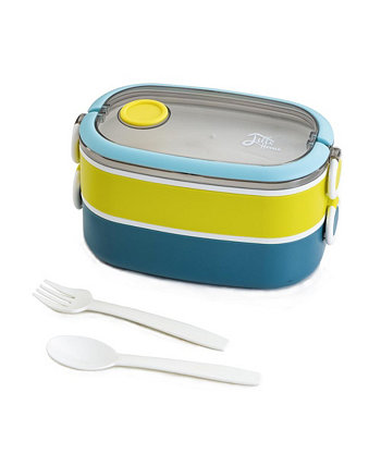 2-Tier Stackable Leakproof Microwavable Bento Lunch Box Food Container With Cutlery Set, BPA Free, 54OZ, Blue Lille Home