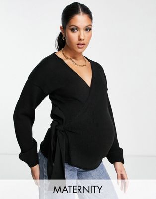 Glamorous Maternity wrap front chunky cardigan in black Glamorous Bloom