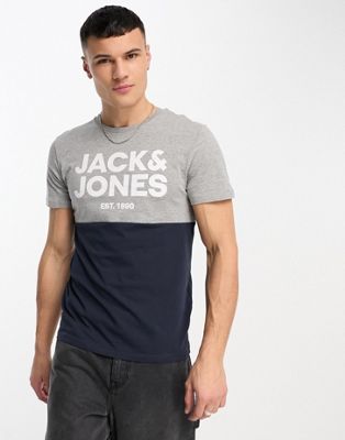 Светло-серая и темно-синяя футболка в стиле колор-блок Jack & Jones Jack & Jones
