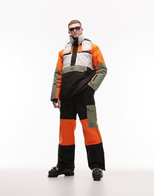 Лыжные брюки Topman Sno в оранжево-черных колор-блоках TOPMAN
