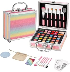 Anpro All-In-One Makeup Carry Case with Pro Teen Makeup Set, Full Starter Cosmetics Kit with Makeup Brushes, Eye Shadows Palette, Blushes, Glitter Gel, Temporary Tattoo Stickers Anpro