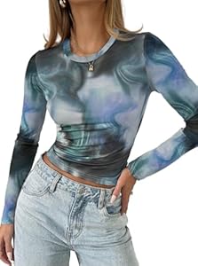 Remidoo Women's Mesh Tops Long Sleeve Crop Top Crewneck Tie Dye Cropped T Shirt Remidoo