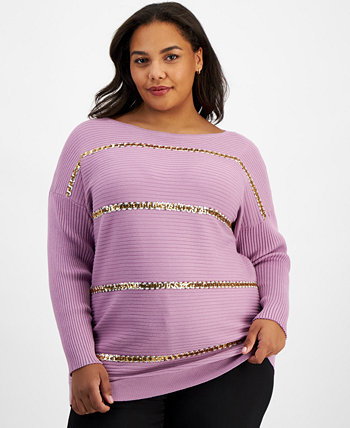 Plus Size Sequin-Stripe Boat-Neck Sweater, Created for Macy's J&M Collection