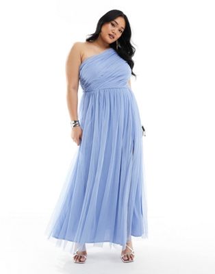 Anaya Plus bridesmaid tulle one shoulder maxi dress in soft blue Anaya