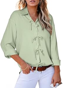 Astylish Womens V Neck Long Sleeve Blouse Button Down Solid Color Shirts Bow Tie Front Trendy Top Astylish