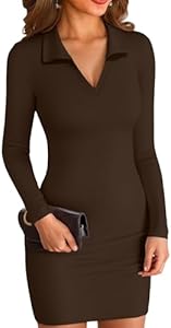 VICHYIE Women Lapel Neck Ribbed Bodycon Tight Fall Dress Long Sleeve Mid Thigh Pencil Above Knee Dresses Vichyie