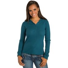 Women's Sweet Vibes Stretch Thermal Long Sleeve Tops Snap Button Henley With Hood Poetic Justice