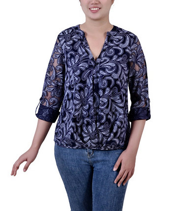 Миниатюрная блузка с Y-образным вырезом и длинными рукавами Burnout NY Collection