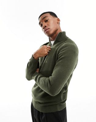 Темно-зеленый свитер из смесовой шерсти с высоким воротником и молнией 3/4 Selected Homme Selected