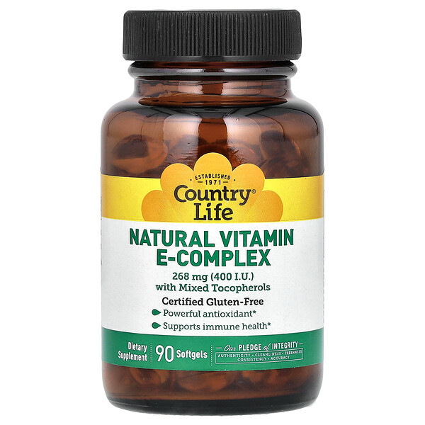 Натуральный комплекс витамина Е со смешанными токоферолами, 268 мг (400 МЕ), 90 мягких желатиновых капсул Country Life