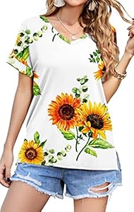 Neineiwu Women's Summer Short Sleeve V-Neck Shirts Casual Tee T-Shirt Side Split Loose Tops Neineiwu