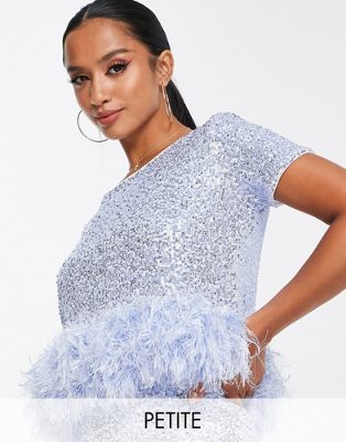 Jaded Rose Petite short sleeve crop top with faux feather trim in baby blue sequin - part of a set Jaded Rose Petite