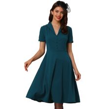 Women's 1950s Retro Vintage Short Sleeve V Neck Button Down A-line Swing Dresses ALLEGRA K