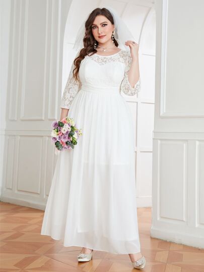 размера плюс Свадебное платье с кружевной вставкой со сборками из шифона без фаты SHEIN