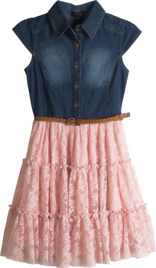 Denim & Floral Lace Dress Zunie
