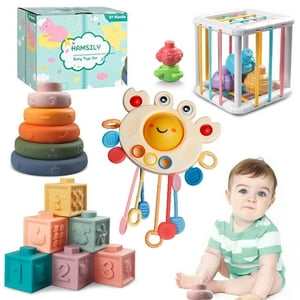 Baby Learning Toys for Ages 6-18 Months - 4in1 Toddler Toys Pull String Teether, Stacking Blocks, Sensory Shapes & Storage Bin, Montessori Toys for Babies Birthday Gift Toy Set Kid Odyssey