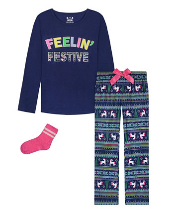 Big Girls 3 Piece Holiday Top, Pajama and Socks Set Max & Olivia