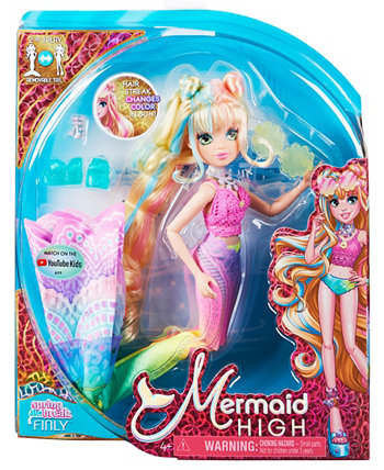 Spring Break Finly Mermaid Doll and Accessories with Removable Tail and Color Change Hair Streaks Set, 7 Piece Kids Toys for Girls Ages 4 and Up Mermaid High