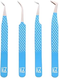 M LASH Tweezers for Eyelash Extensions (Set of 4) - Professional Lash Extension Tweezers - Fiber Tip, Japanese Steel, Diamond Grip Eyelash Extension Tweezer (Black) M