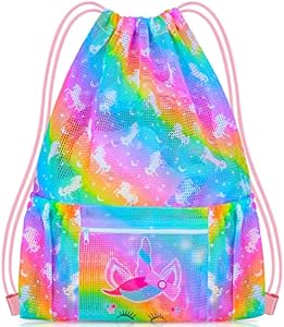 PASHOP Drawstring Backpack for Kids, Girls Mesh Beach Bag for Swimming, Large Size Gym Drawstring Bags Cinch Sack for Girls (Blue Pink) PASHOP