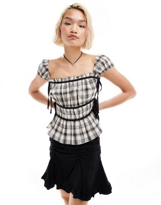 COLLUSION milkmaid top with open bow side in mono check Collusion