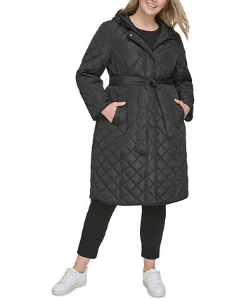 Женское стеганое пальто больших размеров с капюшоном и поясом DKNY