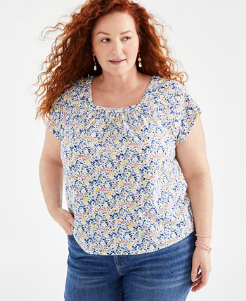 Plus Size Cotton Printed Square-Neck Flutter-Sleeve Top, Created for Macy's Style & Co