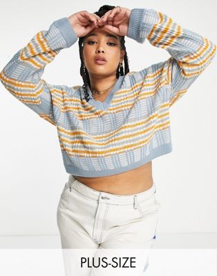 Noisy May Curve cropped V-neck sweater in blue & yellow check Noisy May Curve