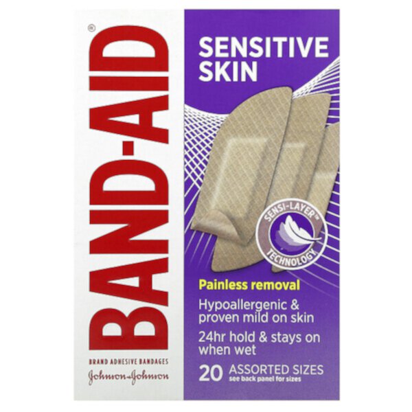 Лейкопластыри, чувствительная кожа, 20 разных размеров Band Aid