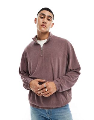 ASOS DESIGN oversized half zip terrycloth sweatshirt in washed brown mauve ASOS DESIGN