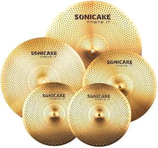 SONICAKE Low Volume Cymbal Pack Quiet Cymbal Set 14"Hi-hats+16"Crash+18"Crash+20"Ride 5 Pcs Mute Drum Cymbal Set Quiet Practice Cymbal, Golden SONICAKE