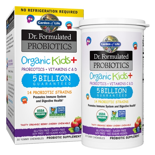 Пробиотики для детей с витаминами C и D, Вкус ягод и черешни - 30 жевательных таблеток - Garden of Life Garden of Life