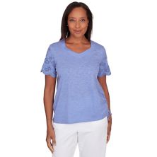 Petite Alfred Dunner Side Ruched Short Lace Sleeve Top with Necklace Alfred Dunner