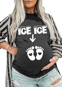 Susongeth Ice Ice Baby Pregnant Mom Shirt Pregnancy T-Shirts Mother's Day Tees Funny Letters Print Short Sleeve Casual Tops(Dark Grey,Large) Susongeth