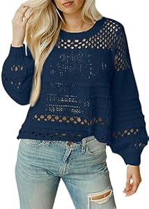 Dokotoo Women's Lantern Long Sleeve Sweater Tops Crewneck Crochet Hollow Out Knit Pullover Jumper Tops Dokotoo