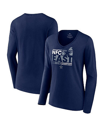 Женская темно-синяя футболка с длинными рукавами и v-образным вырезом Dallas Cowboys 2023 NFC East Division Champions Conquer Fanatics
