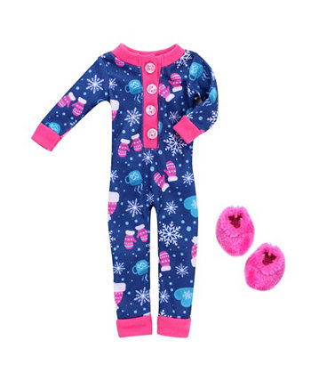- 14.5" Doll - Girl Winter Print One Piece Pajama Hot Pink Slippers Set, 2 Piece Teamson Kids