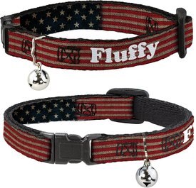 Buckle-Down Personalized Breakaway Cat Collar with Bell, Vintage US Flag Stretch Buckle-Down