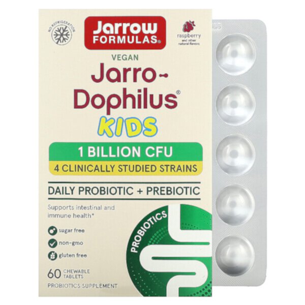 Jarro-Dophilus Kids, Ежедневный пробиотик + пребиотик, малина, 1 миллиард КОЕ, 60 жевательных таблеток Jarrow Formulas
