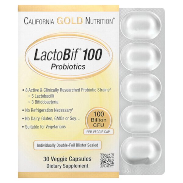 LactoBif Probiotics, 100 миллиардов КОЕ, 30 растительных капсул California Gold Nutrition