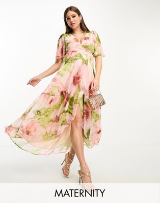 Розовое платье макси с оборками и запахом Hope & Ivy Maternity Hope & Ivy