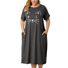 Women's Plus Size Comfy Pajamas Cute Cat Print Side Pocket Nightgown Agnes Orinda