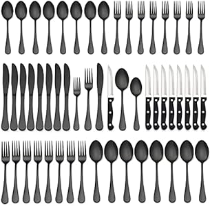 LIANYU 48-Piece Black Silverware Set with Steak Knives, Stainless Steel Flatware Cutlery Set for 8, Modern Eating Utensils Tableware, Mirror Finish, Dishwasher Safe LIANYU