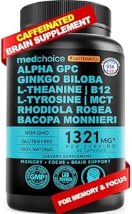 12-in-1 Nootropic Brain Supplement with Caffeine Anhydrous: Ginkgo Biloba for Brain Support, Memory and Focus - B12, Alpha GPC, L Theanine and Choline Supplements with Bioperine with 1321mg (60ct) MEDCHOICE