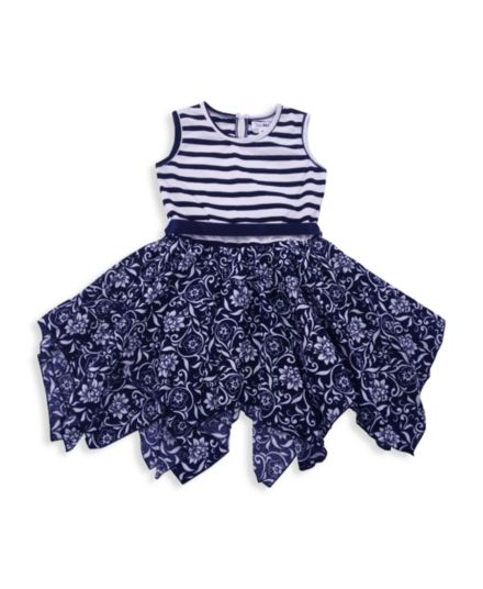 Little Girl's &amp; Girl's Lyssa Striped Floral-Print Belted Asymmetric-Hem Dress Joe-Ella