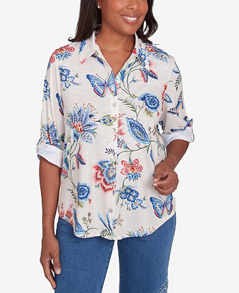 Petite Free Spirit Butterfly Button Up Cuffed Sleeve Top Alfred Dunner