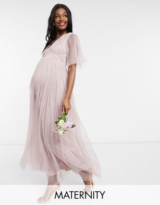 Розовое платье макси из тюля с пышными рукавами Anaya With Love Maternity Bridesmaid Anaya Maternity
