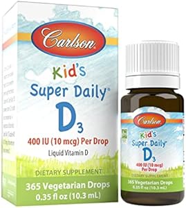 Carlson - Kid's Super Daily D3, Kids Vitamin D Drops, 400 IU (10 mcg) per Drop, Heart Health, Immune Support, Vegetarian, Liquid Vitamin D Drops, Unflavored, 365 Drops Carlson