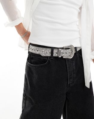 ASOS DESIGN faux leather western belt with crystal and glitter in silver ASOS DESIGN