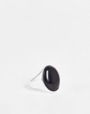 Овальное кольцо-печатка ASOS DESIGN серебристого цвета с черным камнем ASOS DESIGN